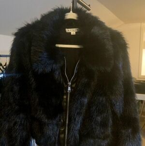 Stunning Black Long Hair Faux Fur Jacket W Faux Leather Trim